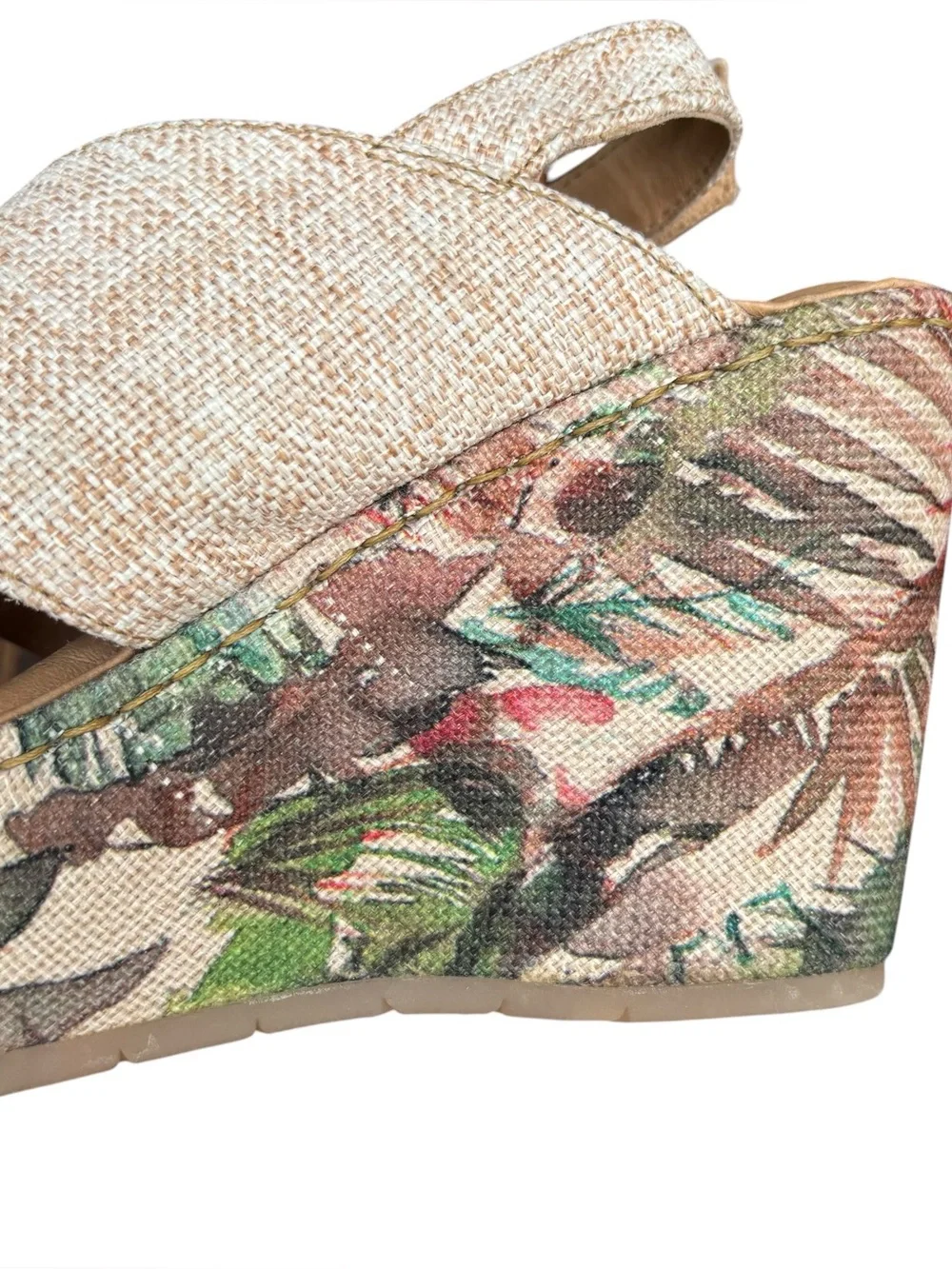 Born Emmy II Citrus Fabric Tropical Print Cross-Strap Floral Tan  Wedge Sandals